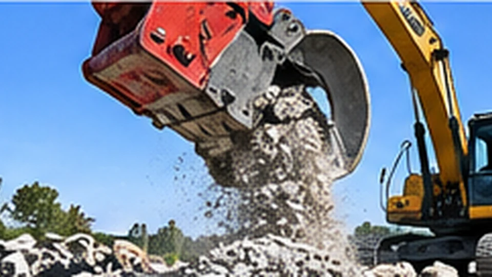 Osprzęt maszyny kruszący beton wśród materiału rozbiórkowego. Ilustracja AI, nie przedstawia realizacji Beauty-Bud.